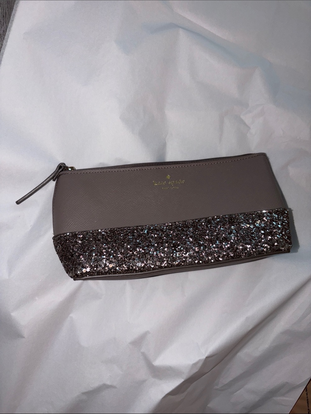 kate spade Taupe Cosmetic Pouch with Glitter Base used once leather